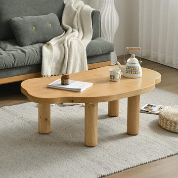 Farmhouse Pine Wood Coffee Table Cloud Shaped in Natural with 4 Legs